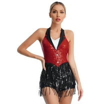 XUNZOO Women's Sequins Leotard Set Ballroom Dance Dress Costume Cocktail Outfits with Gloves And Hats Red S
