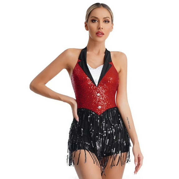 XUNZOO Women's Sequins Leotard Set Ballroom Dance Dress Costume Cocktail Outfits with Gloves And Hats Red S