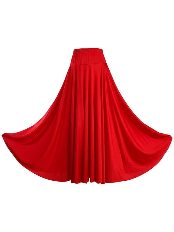 Women's Solid Color Ruffle Skirt Flared A-line Midi Skirt High Waist Elastic Dance Skirts Red 6XL