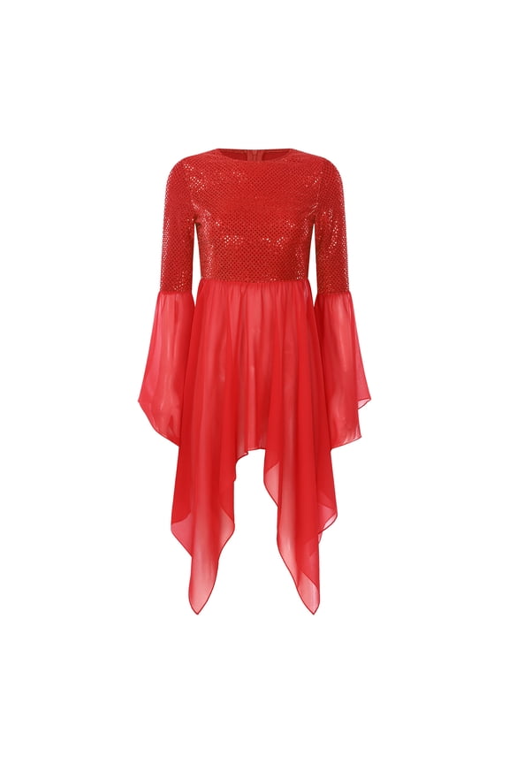 Womenâs Sparkly Chiffon Liturgical Praise Dance Tunic Irregular Hem Worship Dance Overlays Top Red S
