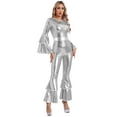 thumbnail image 1 of XUNZOO Womens 70S Disco Jumpsuits Metallic Shiny Tiered Flare Sleeve Bell Bottom Dancewear Silver XXL, 1 of 7
