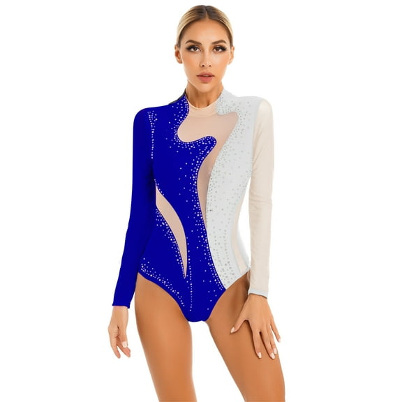 XUNZOO Womens Rhinestones Gymnastics Leotard Figure Skating Jumpsuit Long Sleeve Ballet Dance White&Royal Blue M
