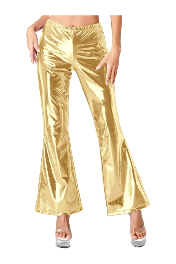 Womens Shiny Metallic Bell Bottom Flared Pants Wide Leg Trousers Disco Pants Gold XXL