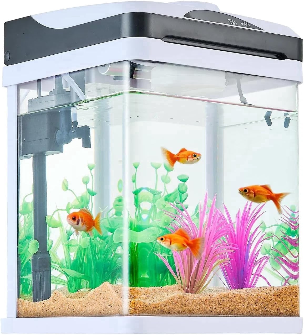 PUPIX 2 Gallon Fish Tank Aquarium Smart LED Glass Aquarium Self Cleaning Filtration Touch Control 7 Color Lighting Clear Glass