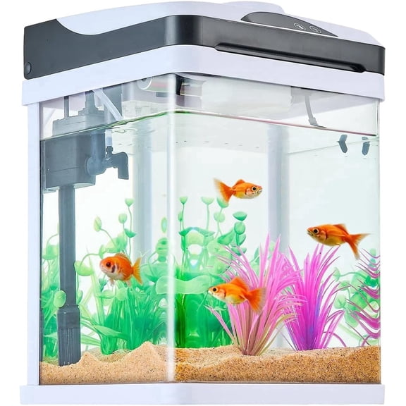 PUPIX 2 Gallon Fish Tank Aquarium Smart LED Glass Aquarium Self Cleaning Filtration Touch Control 7 Color Lighting Clear Glass