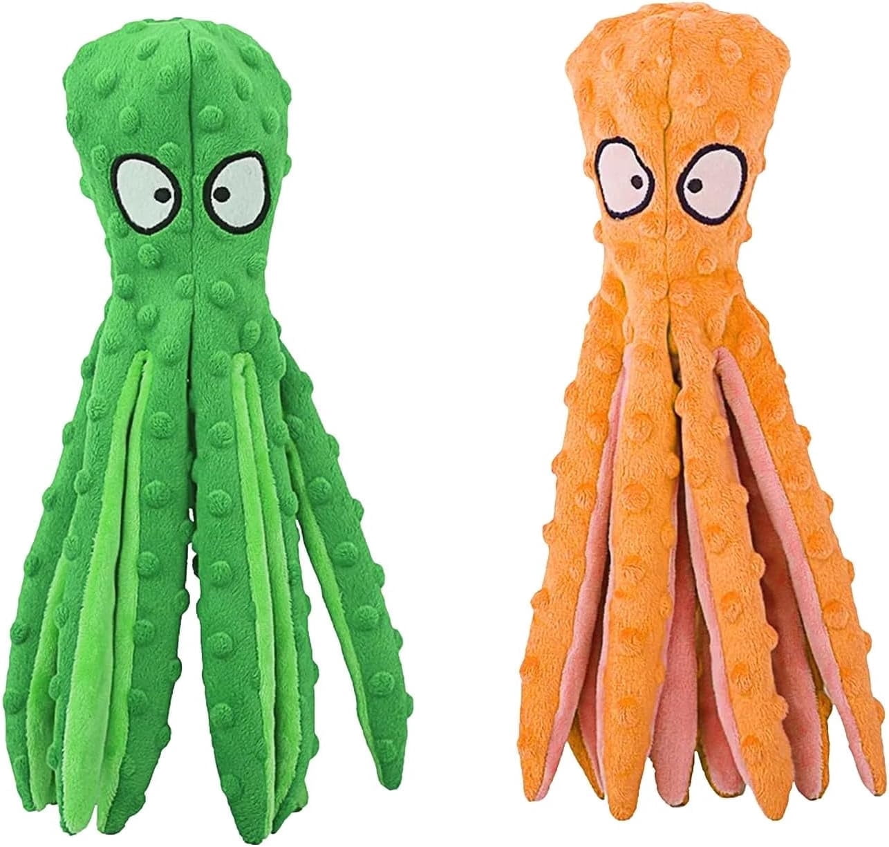 PUPIX 2 Pcs Squeaky Dog Toys No Stuffing Plush Octopus Dog Toy with Crinkle Legs Interactive Dog Teething Training Toy for Puppy Small Medium Large Dogs Stress Relief Chew Play Toys (Green & Orange)