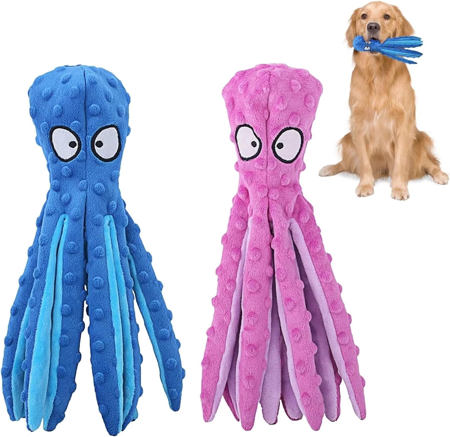 PUPIX 2 Pcs Squeaky Dog Toys No Stuffing Plush Octopus Dog Toy with Crinkle Legs Interactive Dog Teething Training Toy for Puppy Small Medium Large Dogs Stress Relief Chew Play Toys (Blue & Pink)