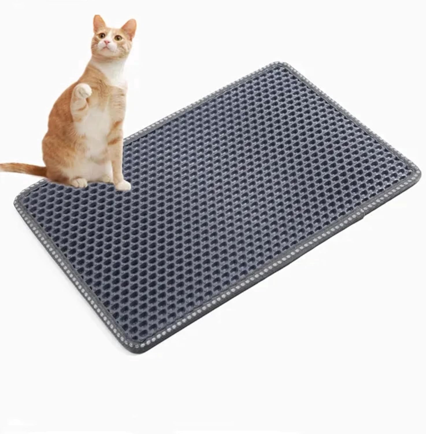 PUPIX Cat Litter Mat Double Layer Kitty Litter Trapping Mat Waterproof Urine Proof Easy Clean Scatter Control EVA Cat Mat with MiLi Shape Scratching Design 21 x 14 Inch (Gray)
