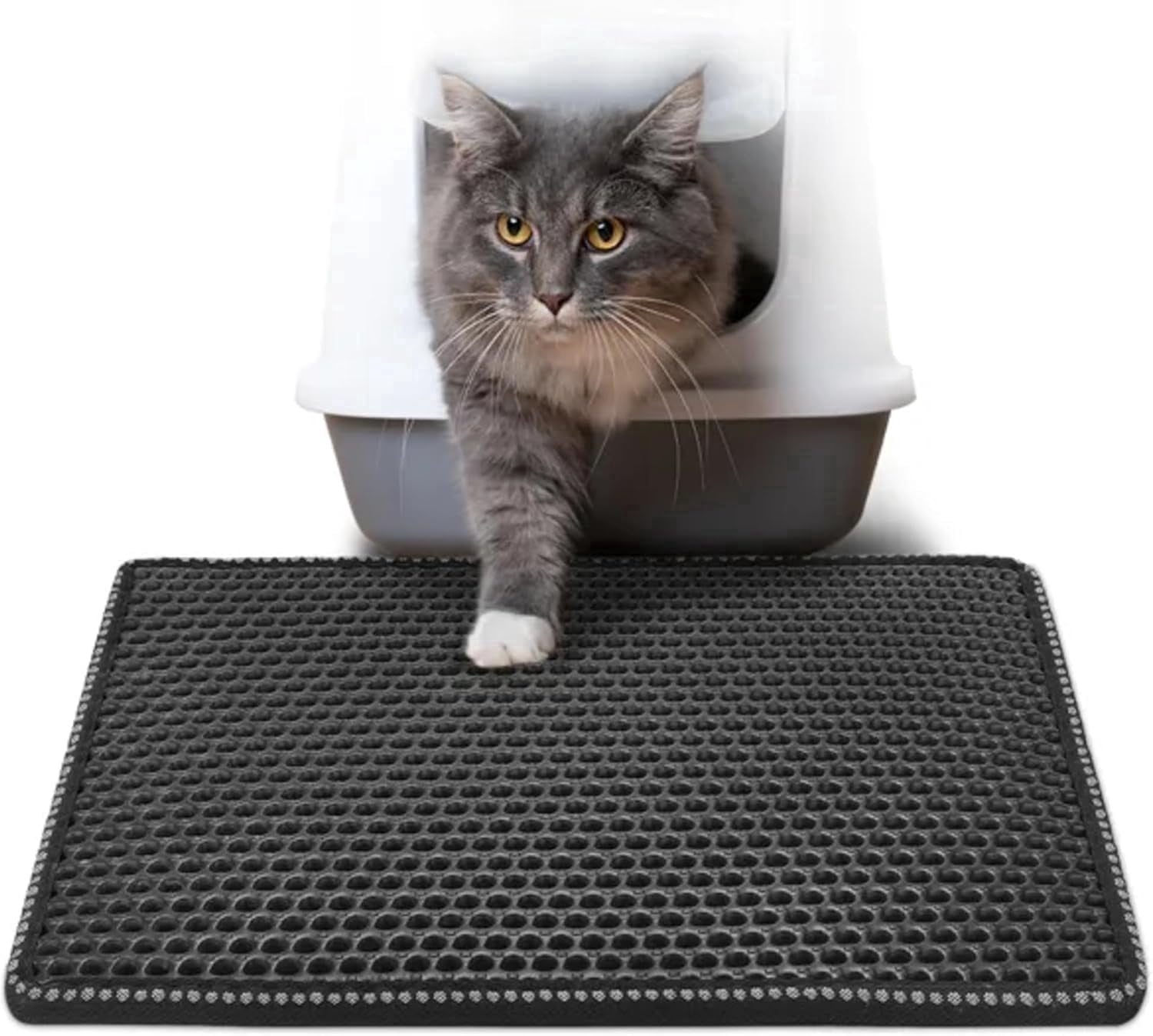 PUPIX Cat Litter Mat Double Layer Kitty Litter Trapping Mat Waterproof Urine Proof Easy Clean Scatter Control EVA Cat Mat with MiLi Shape Scratching Design 21 x 14 Inch (Black)