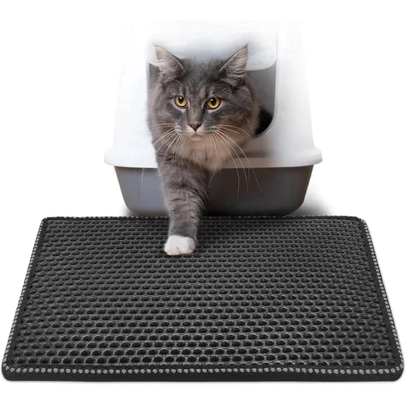 PUPIX Cat Litter Mat Double Layer Kitty Litter Trapping Mat Waterproof Urine Proof Easy Clean Scatter Control EVA Cat Mat with MiLi Shape Scratching Design 21 x 14 Inch (Black)