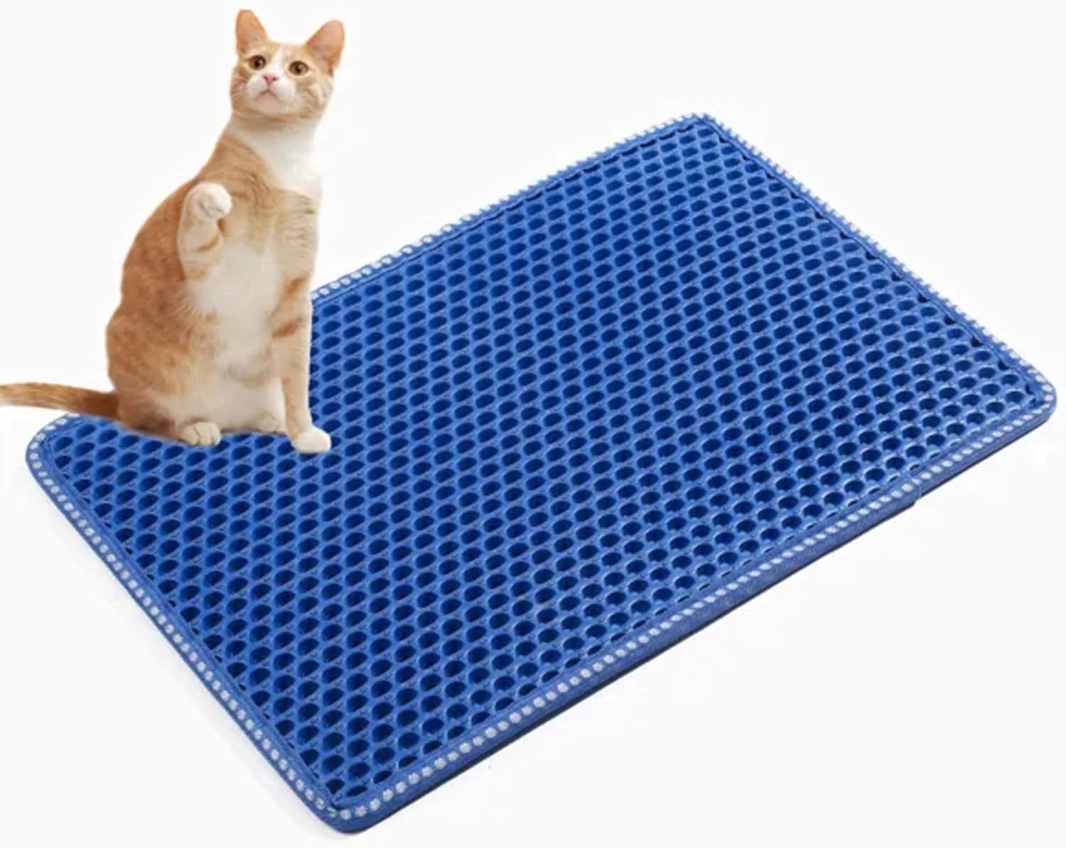 PUPIX Cat Litter Mat Double Layer Kitty Litter Trapping Mat Waterproof Urine Proof Easy Clean Scatter Control EVA Cat Mat with MiLi Shape Scratching Design 21 x 14 Inch (Blue)