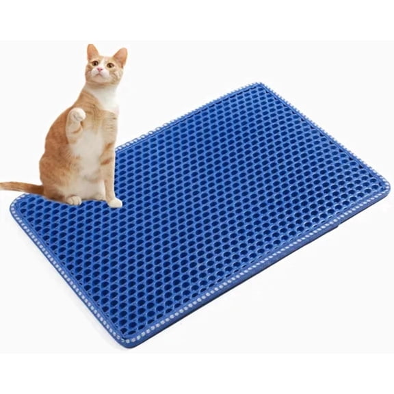 PUPIX Cat Litter Mat Double Layer Kitty Litter Trapping Mat Waterproof Urine Proof Easy Clean Scatter Control EVA Cat Mat with MiLi Shape Scratching Design 21 x 14 Inch (Blue)