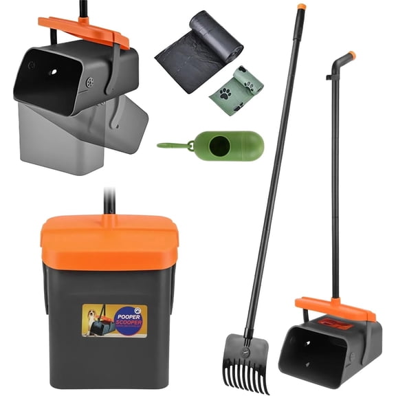PUPIX Pooper Scooper Kit with Extra Long Handle Dog Poop Rake and Swiveling Bin Heavy Duty Pet Waste Pick Up Tool Includes 35 Waste Bags Dispenser No Bending Easy Yard Cleanup