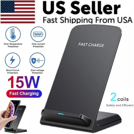 XUPIX Wireless Charger Stand Fast Charging 15W Qi Charging Pad Dock for iPhone Samsung Galaxy Phone Charging Stand Dual Coil Wireless Charger for Android iOS Devices