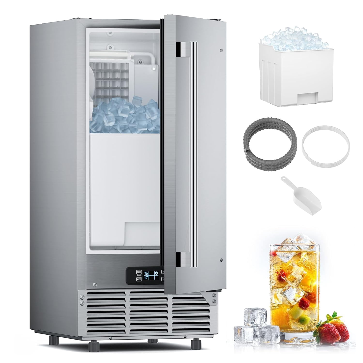 XUTUMM 15" Ice Maker, 85Lbs/24H Under Counter w/ 30Lbs Bin, Built-in/Freestanding, Auto-Clean, Stainless Steel