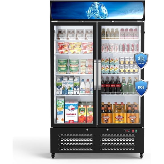 XUTUMM 28 cu ft Commercial Refrigerator with Double Glass Doors, Upright Beverage Display Fridge with Dual LED Lighting, Energy Efficient, Built-in Circulation Fan