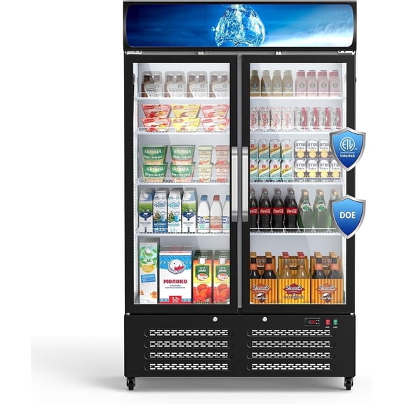 XUTUMM 28 cu ft Commercial Refrigerator with Double Glass Doors, Upright Beverage Display Fridge with Dual LED Lighting, Energy Efficient, Built-in Circulation Fan
