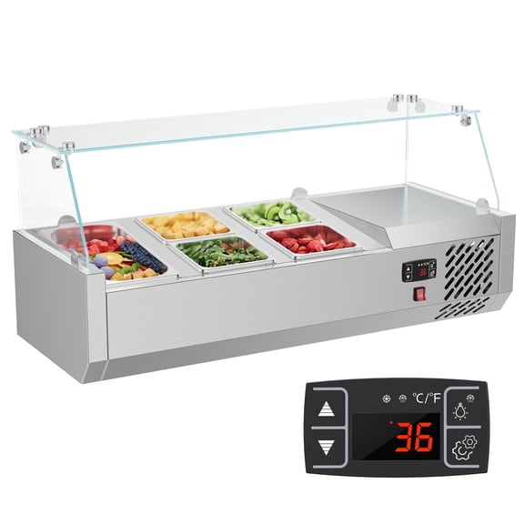 XUTUMM 40 inch Sandwich Prep Table 304 Stainless Steel Body, Salad Bar Prep Tempered Glass ShieldRefrigerated Condiment Prep Station