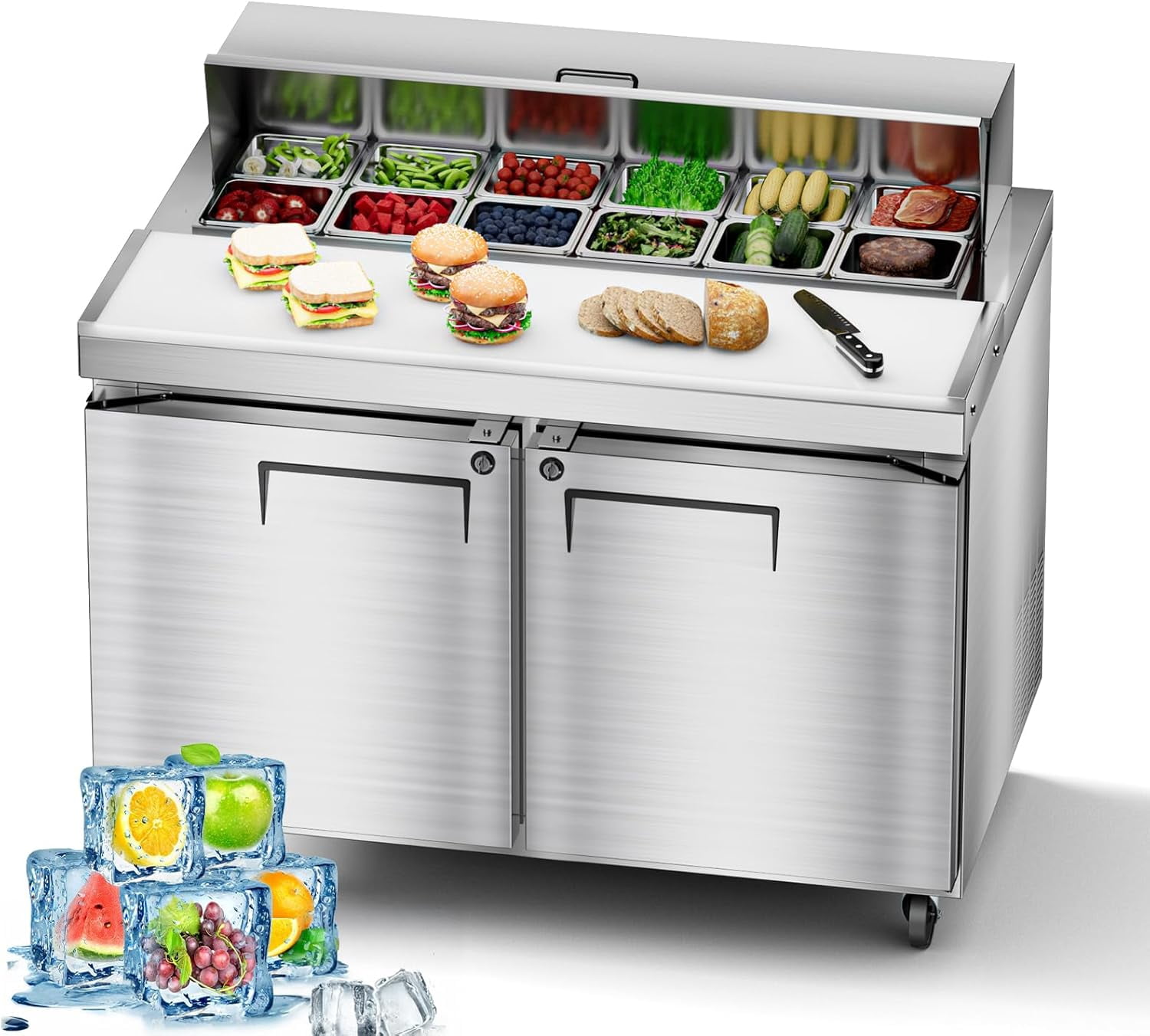 XUTUMM 48" W 2 Door Commercial Sandwich Salad Pizza Prep Table Refrigerator, 20 Cu.Ft Stainless Steel Food Prep Station, ETL & NSF Certified Condiment Cooler with Cutting Board, 2 Shelves & 12 Pans