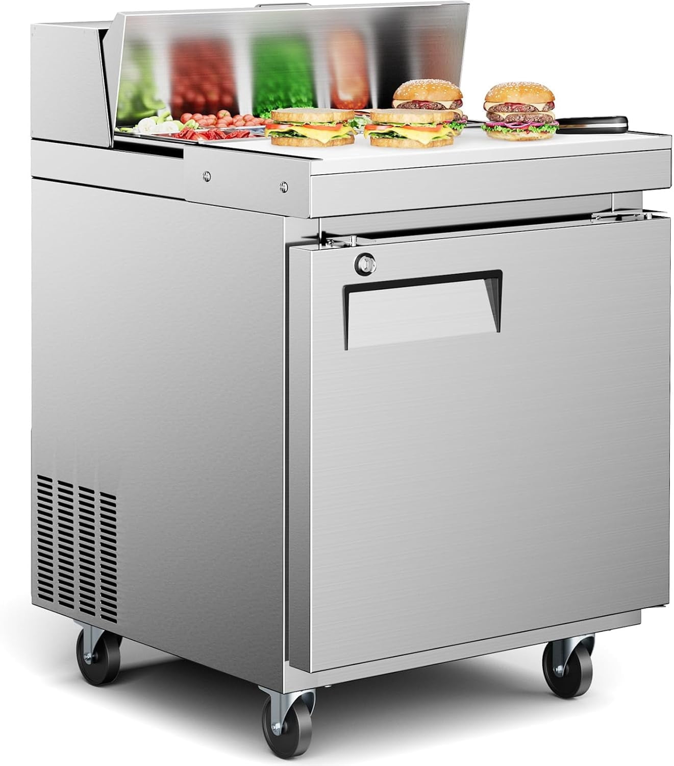 XUTUMM ETL & NSF Certified 27" Commercial Sandwich Prep Refrigerator - 11.6 Cu.Ft. Stainless Steel Salad/Pizza Prep Table with Cutting Board & 8 Pans