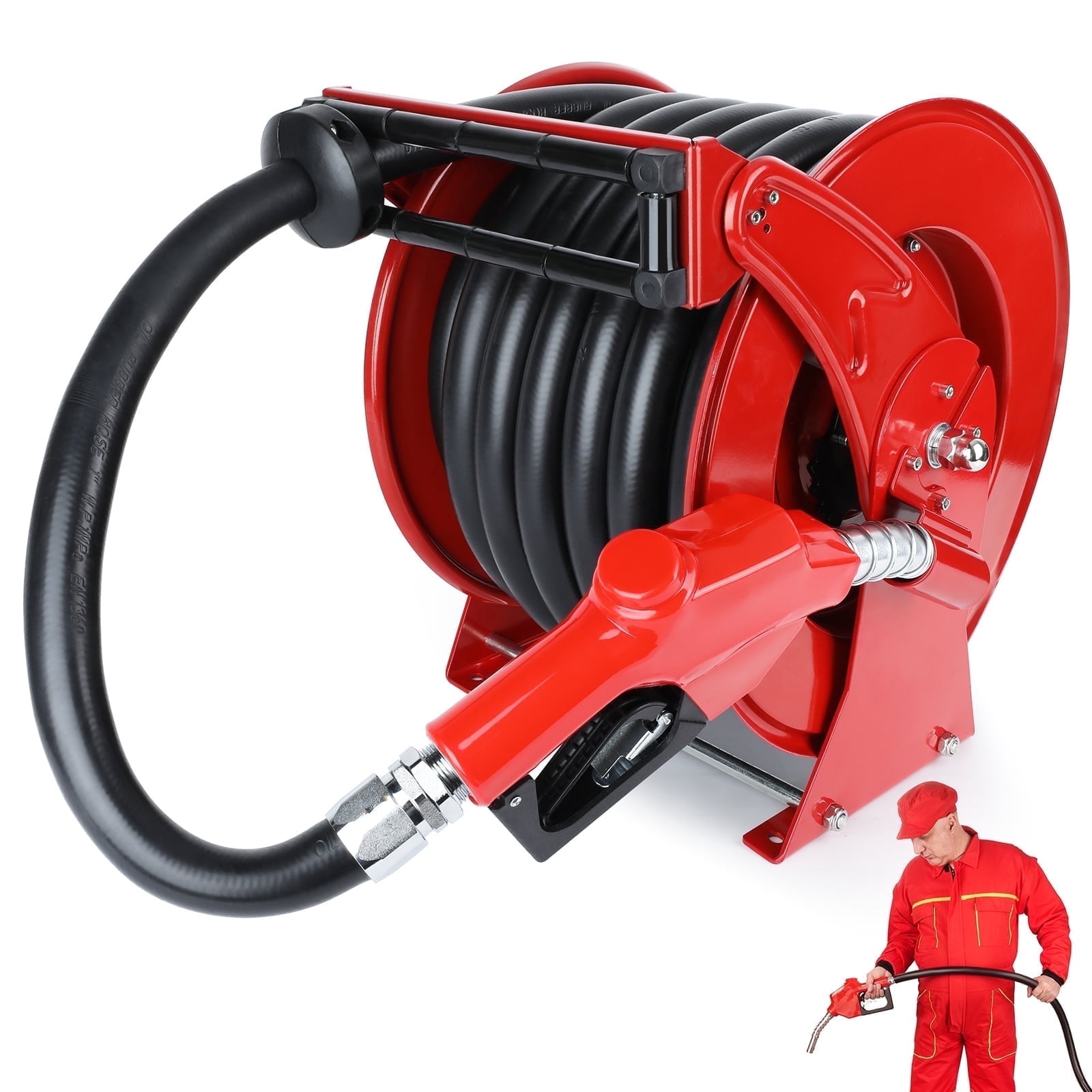 XUTUMM Fuel Hose Reel Retractable 1" x 50' Adjustable Dual Arm, All-weatherAuto Rewind, Heavy Duty Steel, with Fueling Nozzle for Aircraft Ship Vehicle Tank Truck, 300 PSI