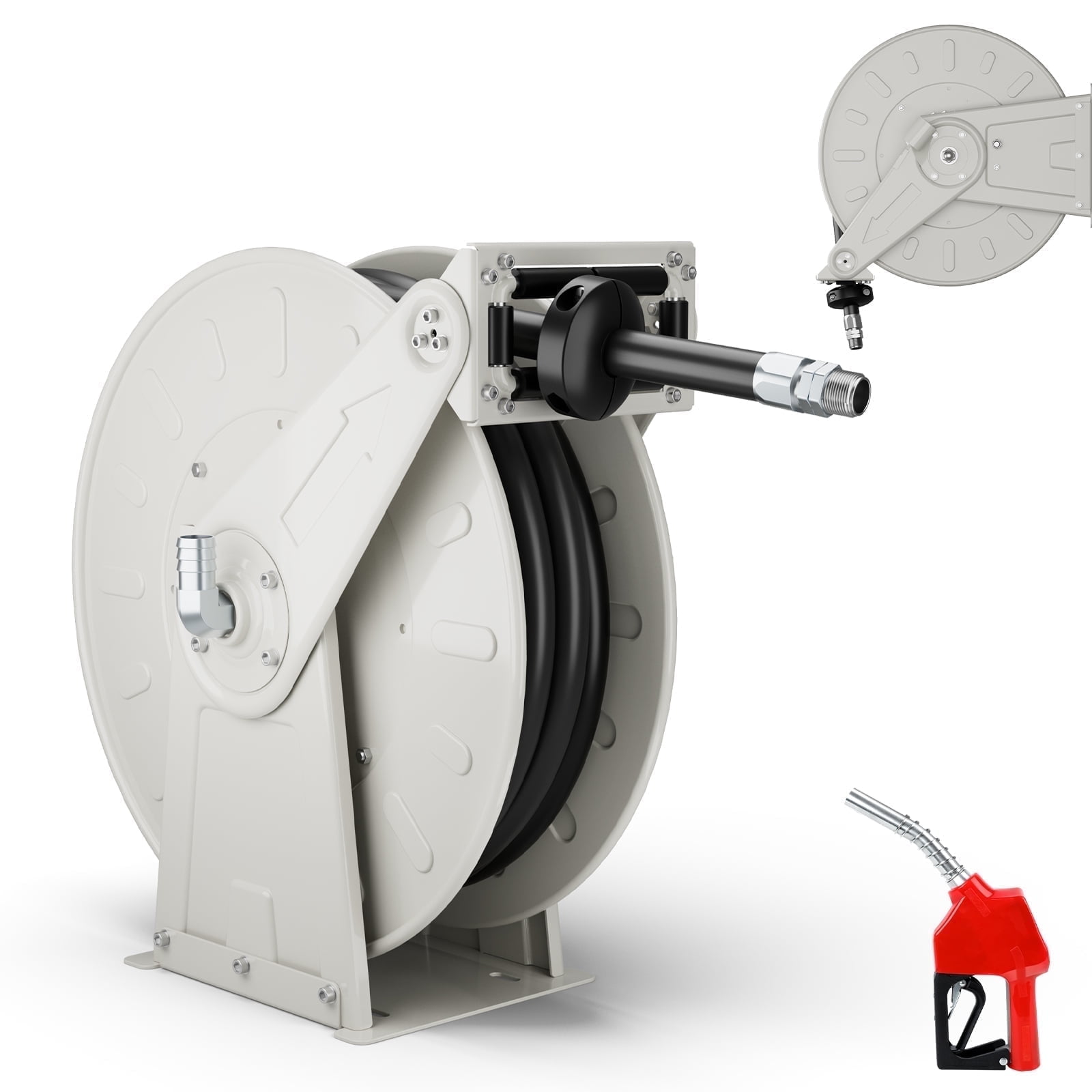 XUTUMM Fuel Hose Reel Retractable 3/4" x 50' Adjustable Dual Arm, All-weatherAuto Rewind, Heavy Duty Steel, with Fueling Nozzle for Aircraft Ship Vehicle Tank Truck