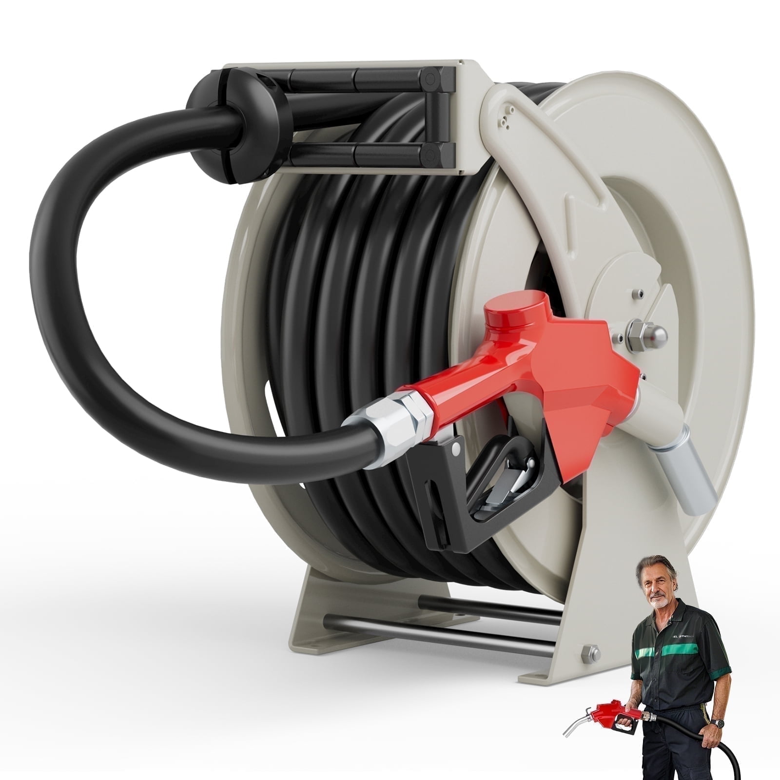 XUTUMM Fuel Hose Reel Retractable 3/4" x 66' Adjustable Dual Arm, All-weatherAuto Rewind, Heavy Duty Steel, with Fueling Nozzle for Aircraft Ship Vehicle Tank Truck, 300 PSI