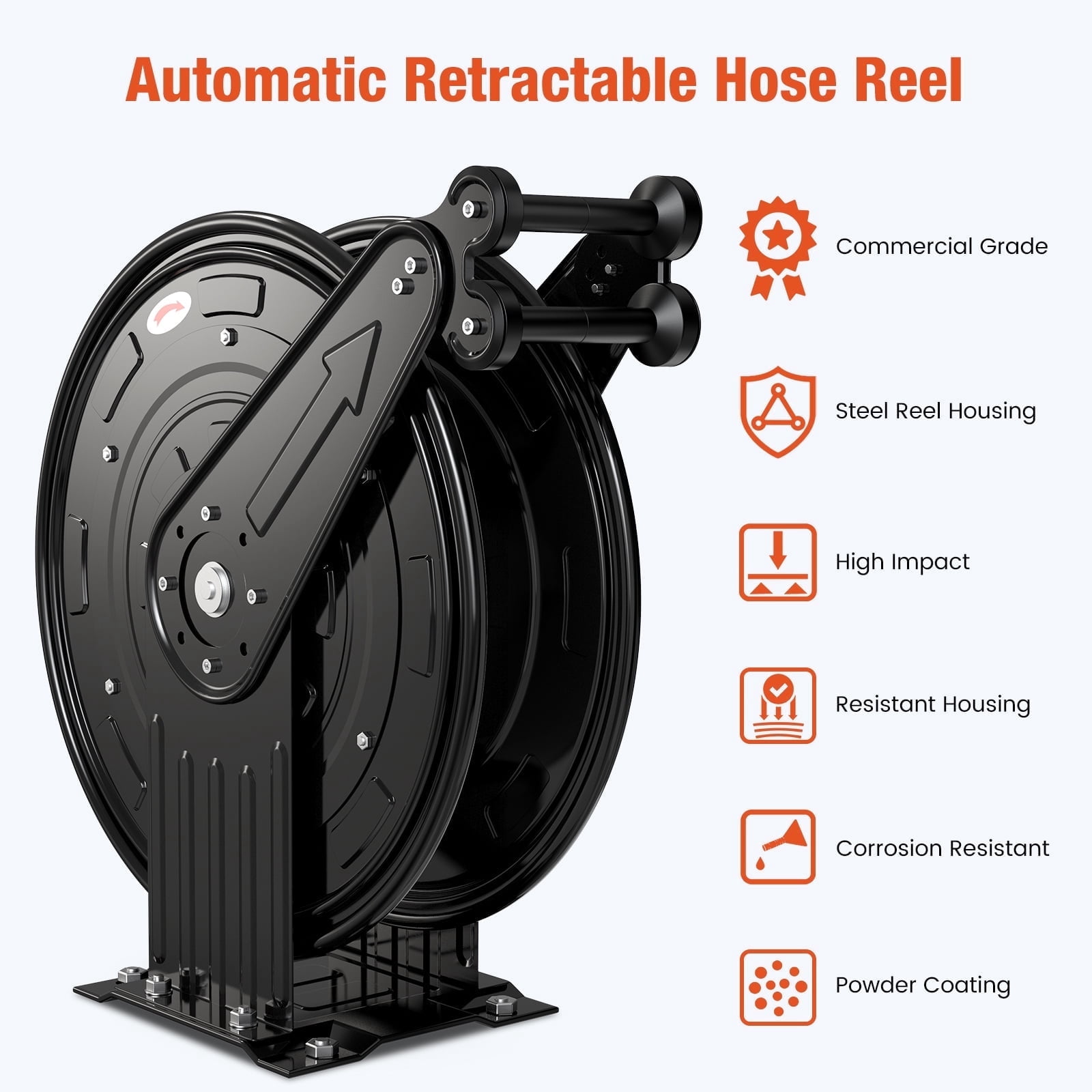 Xutumm Pressure Washer Reel, 3/8" x 50 FT Retractable Power Washer Hose Reel with 5 ft Lead, Dual Arm Heavy Duty Steel, for Air/Oil/Water