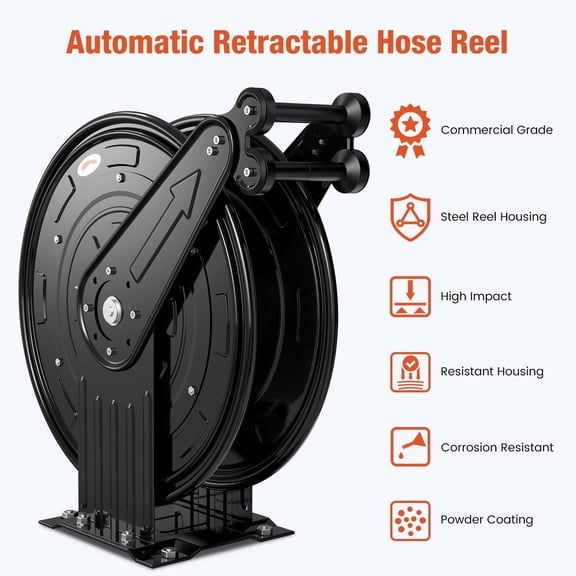 Xutumm Pressure Washer Reel, 3/8" x 50 FT Retractable Power Washer Hose Reel with 5 ft Lead, Dual Arm Heavy Duty Steel, for Air/Oil/Water