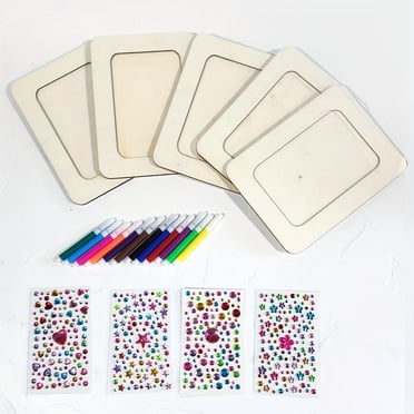 DIY Picture Frame Painting Kit - 10 Unfinished Wooden Frames For 4x6 Photos With Color Pens & Diamond Stickers