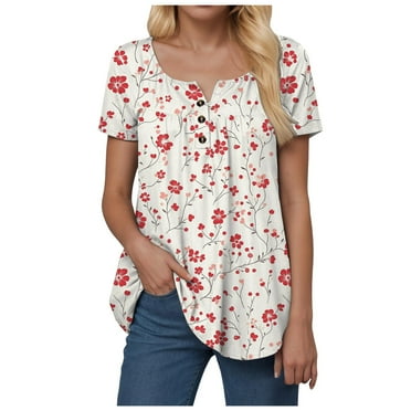 XUXINQIOP Women Short Sleeve T-Shirts Tops with Crew Neck Button Shirts Trendy Tunic Tops Beach Basic Beach Vacation Red S