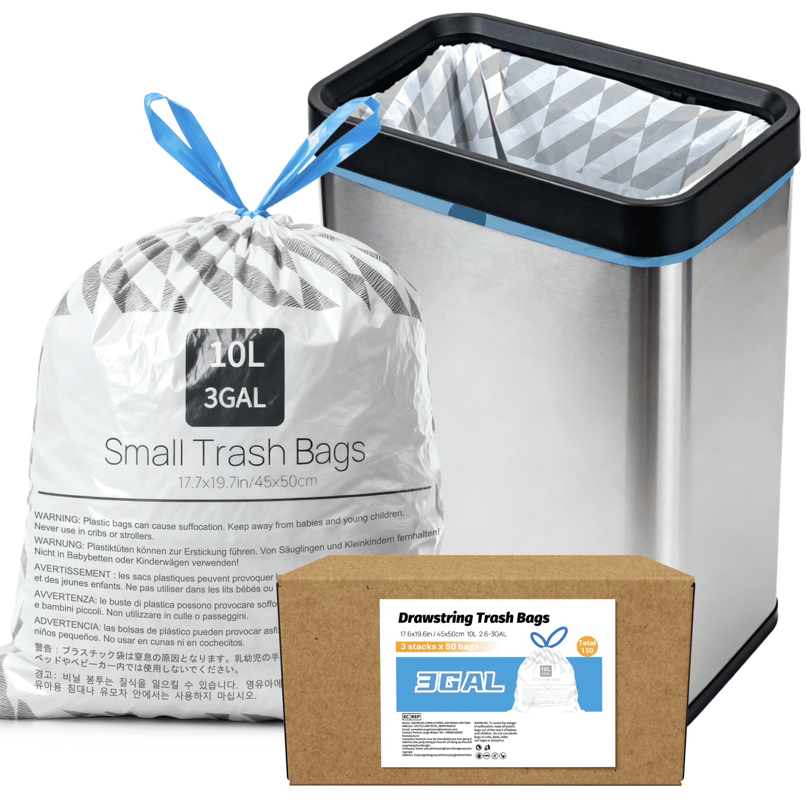 XUXRUS 3 Gallon Drawstring Plastic Bags,150 Count Small Garbage Bags for Kitchen Food Wast Bags,Durable Leak-Proof Bin Liners, Pre-Separated, Extra Thick, Fits 10-15L Bins