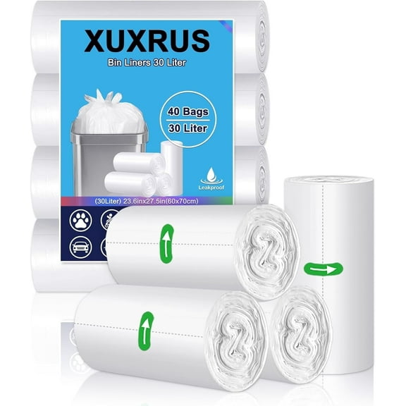 XUXRUS 30L 40 per packBin Bags Kitchen Bin Liners White Tall Strong Pedal Bin Trash Liners Rubbish Bags Garbage Bags Large Waste Bags, Clear.