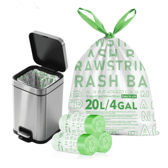 XUXRUS 4 Gallon Drawstring Trash Bags,Tear-Free White Garbage Bags,Separated Unscented Wastebasket Liners,90 Count