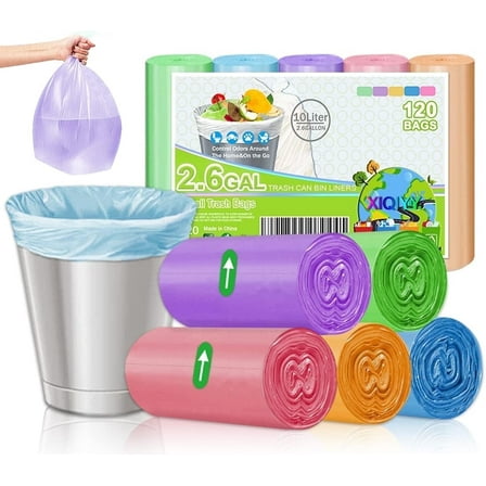 XUXRUS Bathroom Small Trash Bags 2.6 Gallon Garbage Bags for Home Office,120 Count, Colorful , Fits 2-3 Gallon Bins.