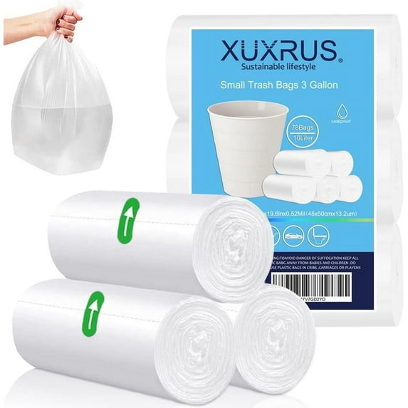 XUXRUS Bathroom Small Trash Bags 3 Gallon Garbage Bags for Home Office,78 Count,White,Fits 2-3 Gallon Bins.