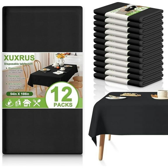XUXRUS Disposable Table Cloth,12 Pack, 54x108 Inch Decorative Plastic Tablecloth,Leakproof & Sturdy,Black