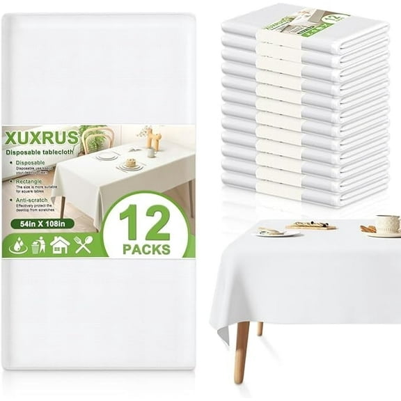 XUXRUS Disposable Table Cloth,12 Pack, 54x108 Inch Decorative Plastic Tablecloth,Leakproof & Sturdy,White