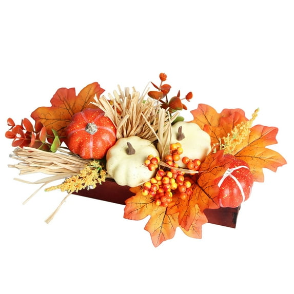 XUYAN Fall Decor Autumn Pumpkins Centerpiece Artificial Maple Leaves Berries and Pinecones Arrangement In Rectangle Wooden Box for Halloween Fall Table Shelf Fireplace Decor