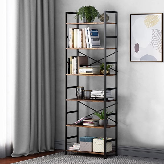 XUYIDAN 5-Tier Tall Bookcase, Rustic Wood and Metal Standing Bookshelf, Industrial Vintage Book Shelf Unit, Open Back Modern Office Bookcases