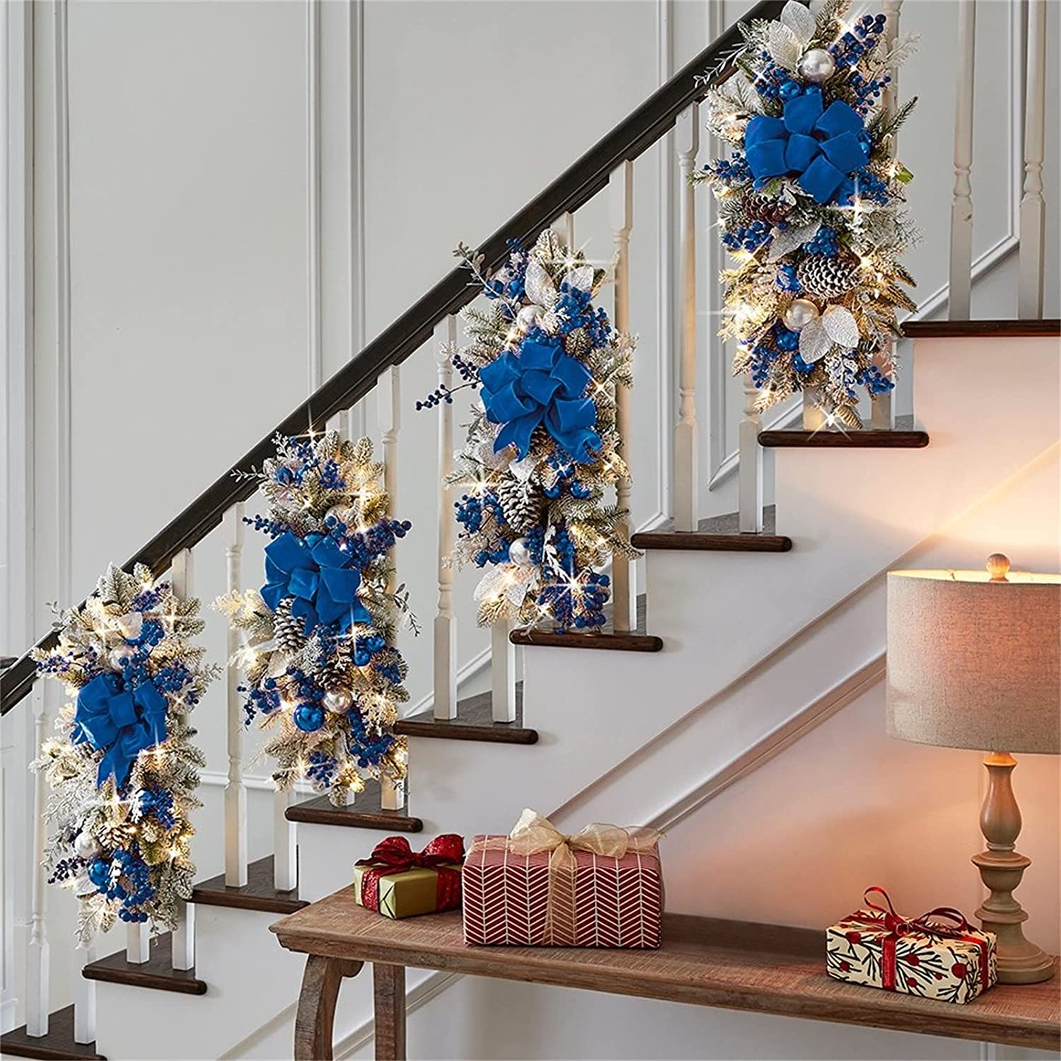 XUYIDAN Cordless Prelit Stairway Swag Trim, Artificial Christmas Teardrop Swag, Handmade Berry Pine Nut Wall Wreath, (Blue) - image 1 of 15