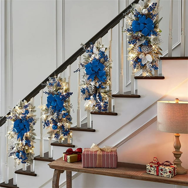 XUYIDAN Cordless Prelit Stairway Swag Trim, Artificial Christmas Teardrop Swag, Handmade Berry Pine Nut Wall Wreath, (Blue)