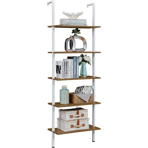 XUYIDAN Industrial Ladder Shelf, 5-Tier Wood Wall-Mounted Bookcase with Stable Metal Frame, 72 Inches Storage Rack Shelves Display Plant Flower, Stand Bookshelf for Home Office