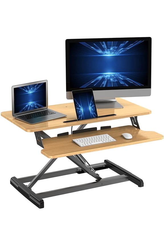 Standing Desk Converter, 32 Inch Height Adjustable Sit to Stand Desk Riser, Home Office Dual Monitor and Laptop Tabletop Workstation with Wide Keyboard Tray