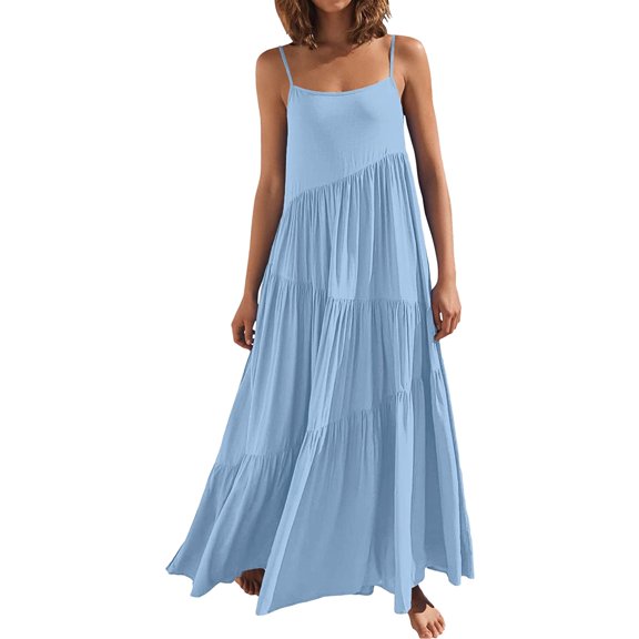 XVJRHAK Casual Dress For Women Personality Design Summer Ladies Loose Solid Color Pleated Irregular Dress (Sky Blue,S)