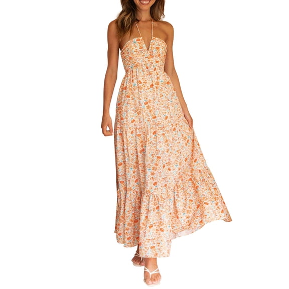 XVJRHAK Casual Dresses Women's Casual Art Floral Print Button Midi Long Sleeve Loose Dress Mid-Length(Orange,L)