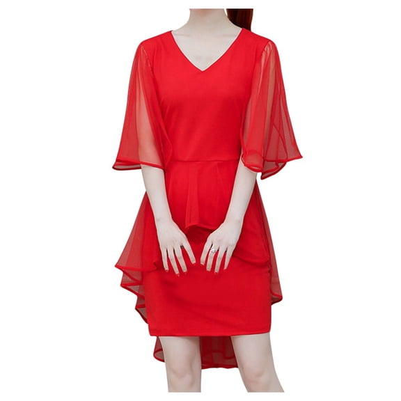 XVJRHAK Casual Summer Dresses for Women 2024 Women Fashion Summer Lady Elegant V-Neck Short Sleeve Pure Color Party Dress Mid-Length(Red,XL)