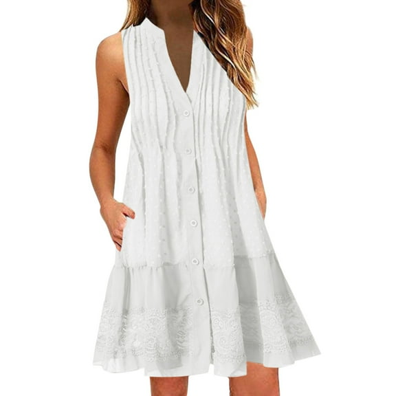 XVJRHAK Dresses Summer The Fashion Women Summer V-Neck Sleeveless Dress Mid-Length(White,S)