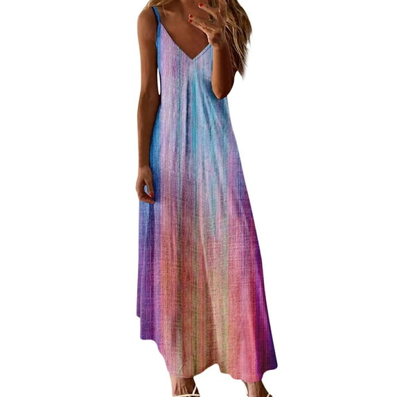 XVJRHAK Dresses for Women 2024 Casual Spring Long Dress Camisole Casual V Neck Women's Tank Maxi Print Sleeveless Women's Dress (Pink,S)