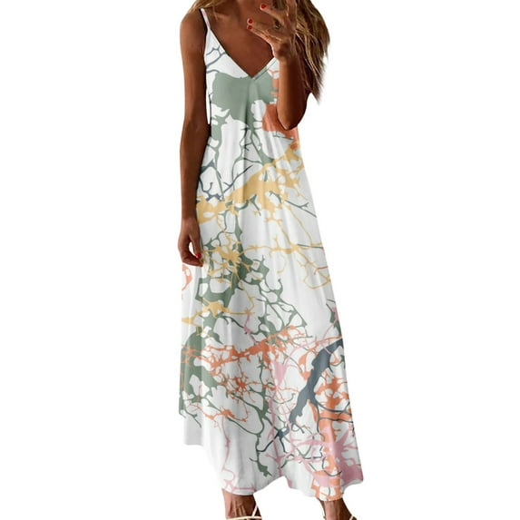 XVJRHAK Dresses for Women 2024 Casual Spring Long Dress Camisole Casual V Neck Women's Tank Maxi Print Sleeveless Women's Dress (White,XXXL)